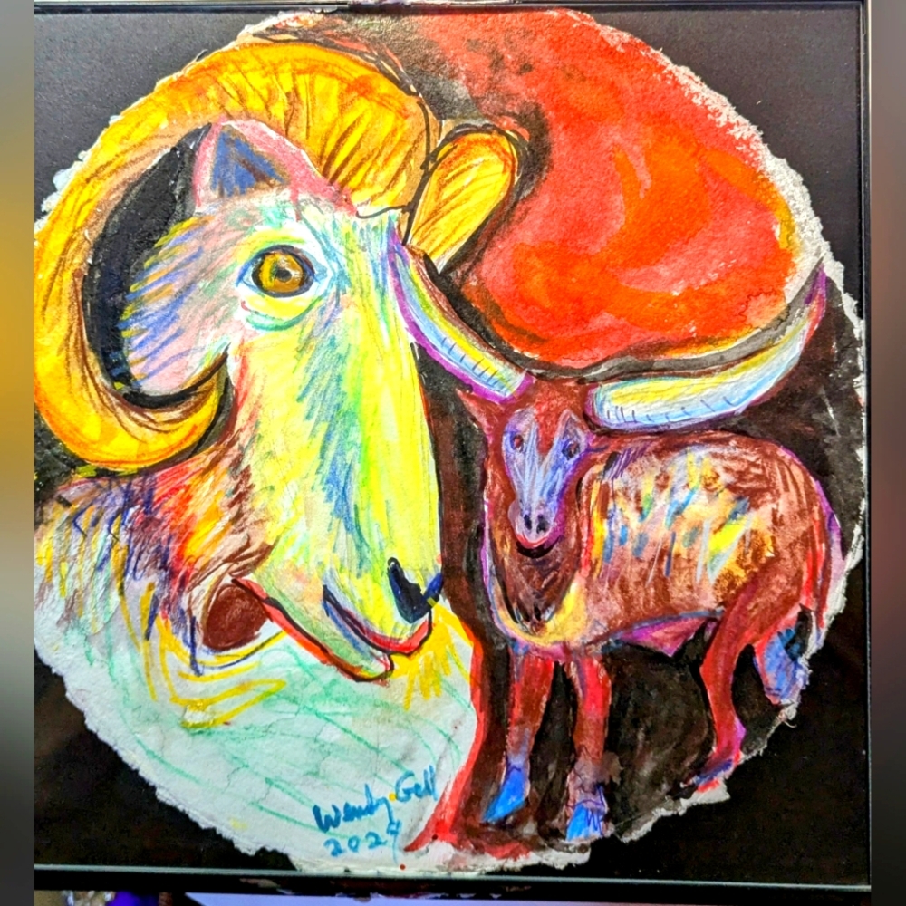 Wendy Gell Art Horned Animals On Round Paper.